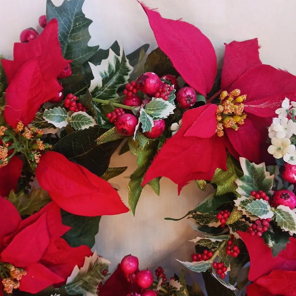 Poinsettia Berry Christmas Wreath 14 Inch Holiday Door Faux Flowers